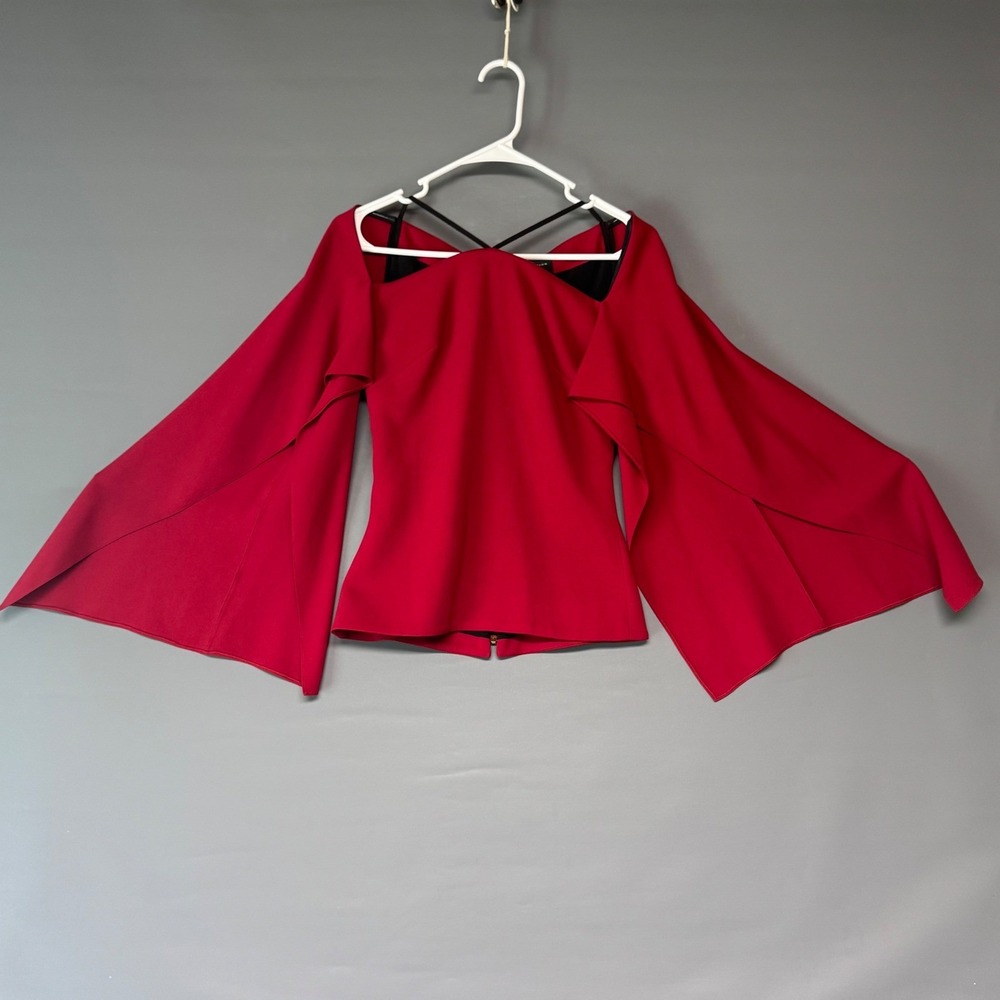 Roland Mouret Bergdorf Goodman Red Split Bell Sleeve Off Shoulder‎ Top Size 4